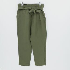 Green Linen Blend Wide Leg Pants Loose Pleated Paperbag Cropped Office Womens 26
